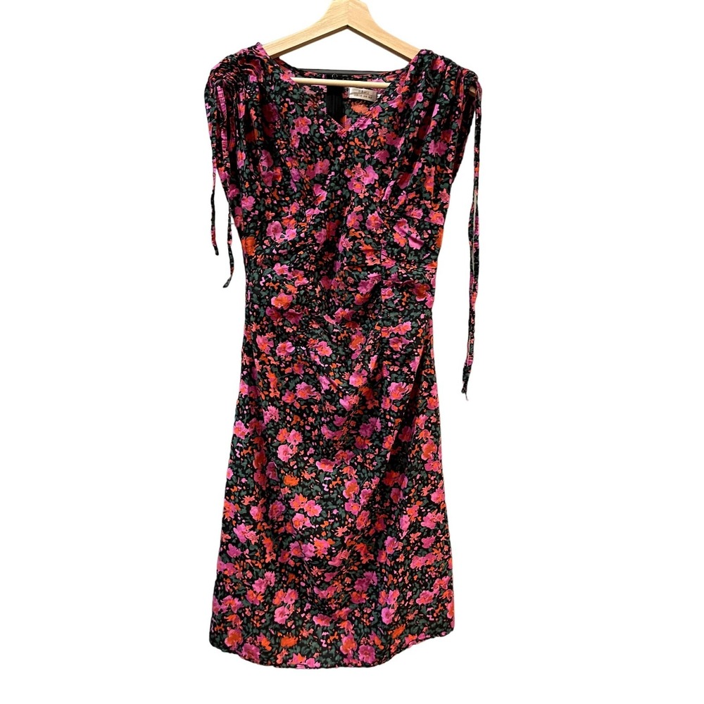 Floral Ruched Midi Dress Pink Orange V-Neck Cap Sleeve Coquette Cottagecore Med